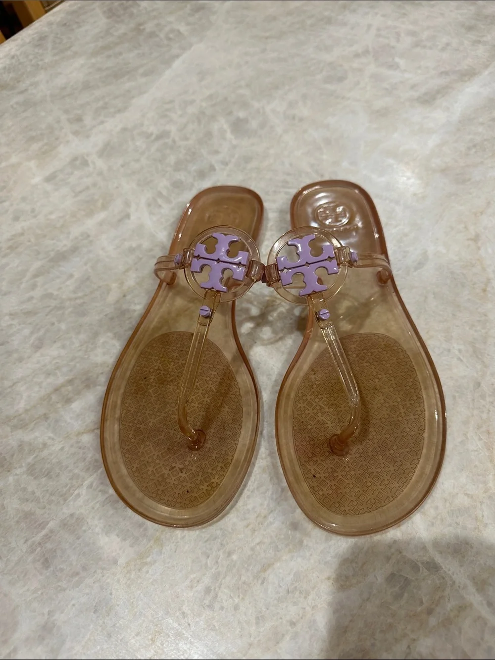 Tory Burch Miller Jelly Clear Thong Sandals with Lilac Emblem 9 women’s